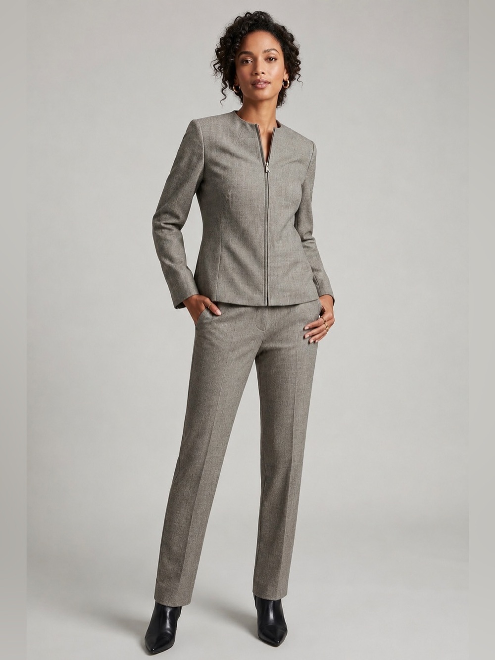 VTG Ann Taylor Stretch Brown Melange Zip Blazer Pants Suit Set size 8